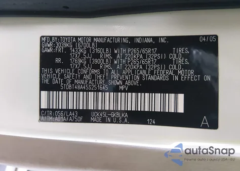 2005 Toyota Sequoia Limited V8 from USA, damaged, VIN 5TDBT48A45S251645